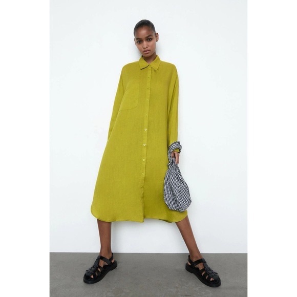 Zara oversized shirt linen dress in lime green colour - Picture 6 of 11